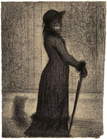 Une elegante (Woman Strolling) Black Ornate Wood Framed Art Print with Double Matting by Seurat, Georges