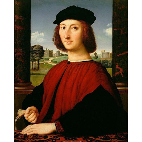 Portrait of a Young Man in Red Gold Ornate Wood Framed Art Print with Double Matting by Sanzio, Raffaello