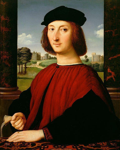 Portrait of a Young Man in Red Black Ornate Wood Framed Art Print with Double Matting by Sanzio, Raffaello