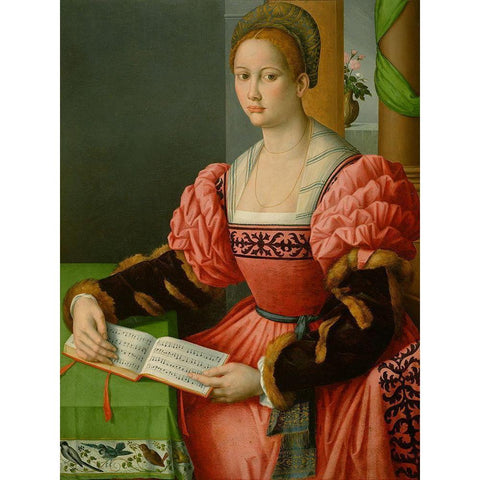 Portrait of a Woman with a Book of Music Gold Ornate Wood Framed Art Print with Double Matting by Bacchiacca (Francesco Ubertini)