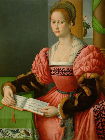 Portrait of a Woman with a Book of Music White Modern Wood Framed Art Print with Double Matting by Bacchiacca (Francesco Ubertini)