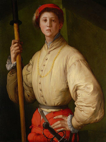 Portrait of a Halberdier (Francesco Guardi?) White Modern Wood Framed Art Print with Double Matting by Pontormo (Jacopo Carucci)