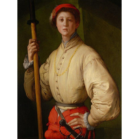 Portrait of a Halberdier (Francesco Guardi?) Black Modern Wood Framed Art Print with Double Matting by Pontormo (Jacopo Carucci)