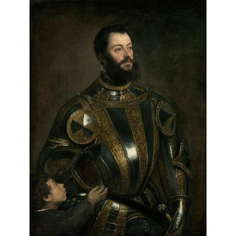 Portrait of Alfonso dAvalos, Marchese del Vasto, in Armor with a Page Gold Ornate Wood Framed Art Print with Double Matting by Titian (Tiziano Vecellio)