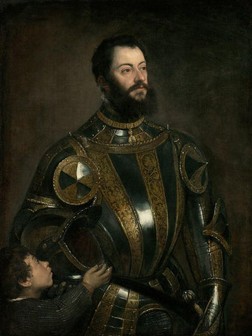 Portrait of Alfonso dAvalos, Marchese del Vasto, in Armor with a Page White Modern Wood Framed Art Print with Double Matting by Titian (Tiziano Vecellio)
