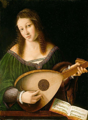 Lady Playing a Lute Black Ornate Wood Framed Art Print with Double Matting by Veneto, Barolomeo