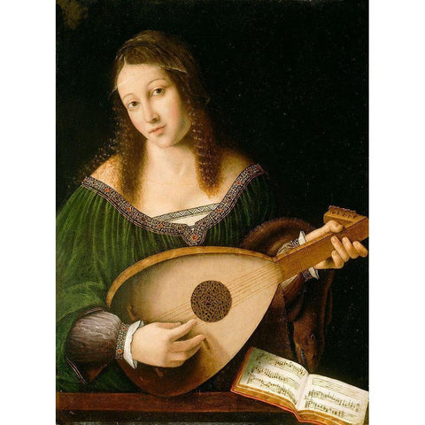 Lady Playing a Lute Black Modern Wood Framed Art Print by Veneto, Barolomeo
