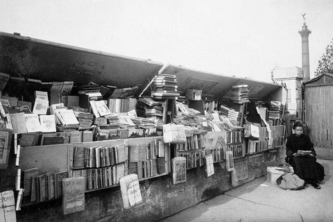 Paris, 1910-1911 - Secondhand Book Dealer, place de la Bastille bouquiniste White Modern Wood Framed Art Print with Double Matting by Atget, Eugene