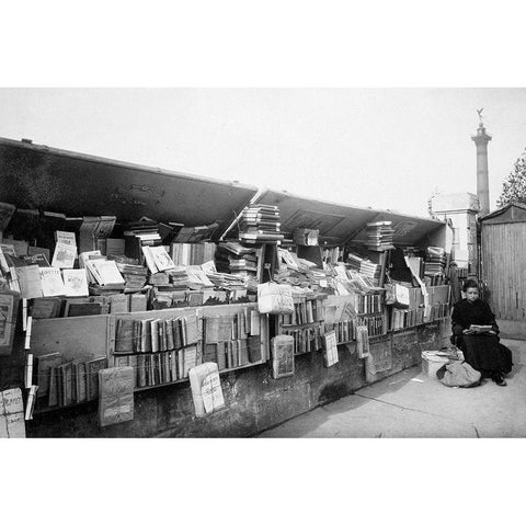 Paris, 1910-1911 - Secondhand Book Dealer, place de la Bastille bouquiniste White Modern Wood Framed Art Print by Atget, Eugene