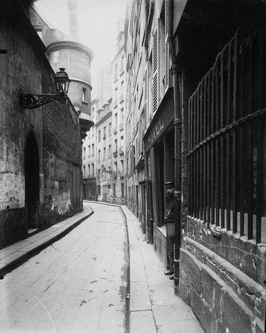 Paris, 1921 - Rue de lHotel-de-Ville White Modern Wood Framed Art Print with Double Matting by Atget, Eugene