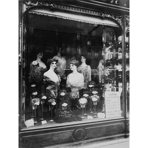 Paris, 1912 - Hairdressers Shop Window, boulevard de Strasbourg Black Modern Wood Framed Art Print with Double Matting by Atget, Eugene