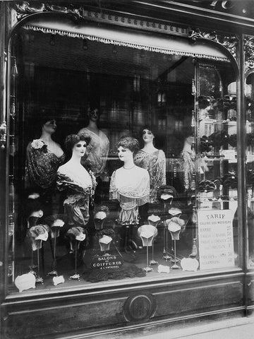 Paris, 1912 - Hairdressers Shop Window, boulevard de Strasbourg White Modern Wood Framed Art Print with Double Matting by Atget, Eugene