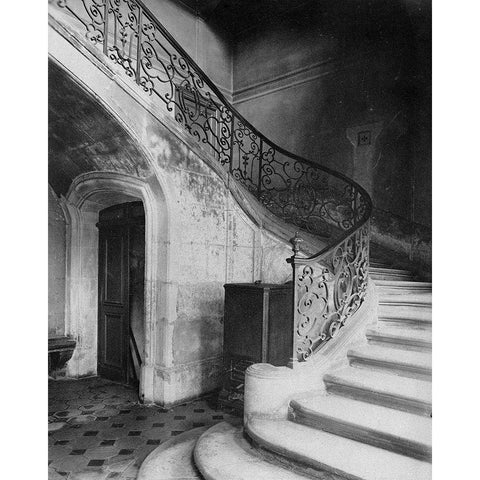 Paris, 1900 - Staircase, Hotel de Brinvilliers, rue Charles V White Modern Wood Framed Art Print by Atget, Eugene