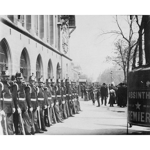 Paris, 1898-1900 - Republican Guards in front of the Palais de Justice Black Modern Wood Framed Art Print with Double Matting by Atget, Eugene