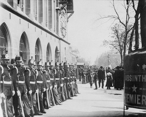 Paris, 1898-1900 - Republican Guards in front of the Palais de Justice White Modern Wood Framed Art Print with Double Matting by Atget, Eugene