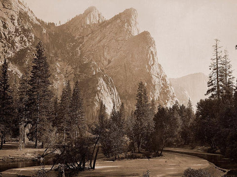 Further Up the Valley, The Three Brothers, the highest, 3,830 ft., Yosemite, California, 1866 Black Ornate Wood Framed Art Print with Double Matting by Watkins, Carleton