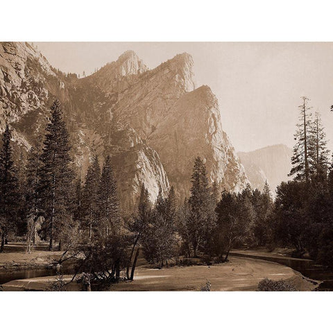 Further Up the Valley, The Three Brothers, the highest, 3,830 ft., Yosemite, California, 1866 Black Modern Wood Framed Art Print by Watkins, Carleton