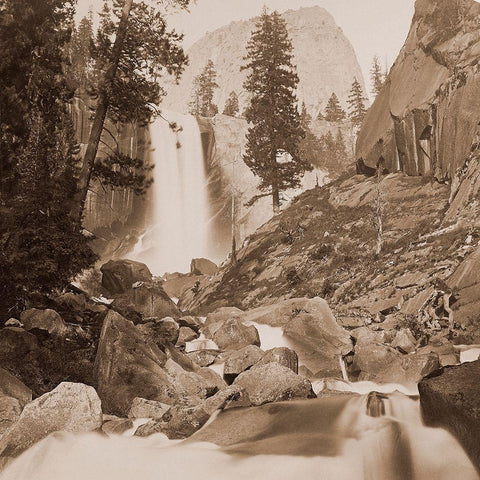 Piwayac - Vernal Fall - 300 ft. Yosemite, California, 1861 Black Ornate Wood Framed Art Print with Double Matting by Watkins, Carleton