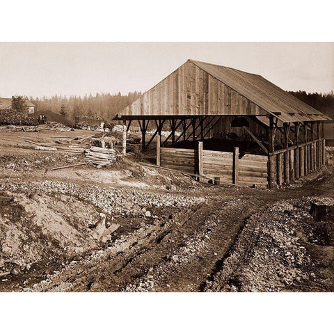 Oswego Iron Works, Willamette River, Oregon, 1867 Black Modern Wood Framed Art Print with Double Matting by Watkins, Carleton