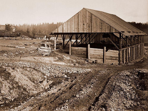 Oswego Iron Works, Willamette River, Oregon, 1867 Black Ornate Wood Framed Art Print with Double Matting by Watkins, Carleton