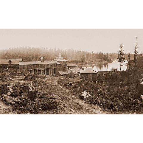 Oswego Iron Works, Willamette River, Oregon, 1867 White Modern Wood Framed Art Print by Watkins, Carleton