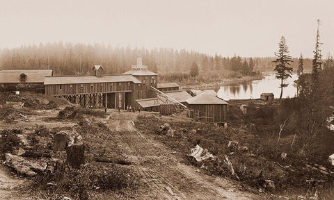 Oswego Iron Works, Willamette River, Oregon, 1867 Black Ornate Wood Framed Art Print with Double Matting by Watkins, Carleton