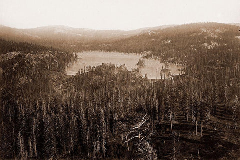 Dams and Lake, Nevada County, California, Distant View, about 1871 White Modern Wood Framed Art Print with Double Matting by Watkins, Carleton