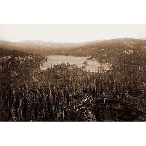 Dams and Lake, Nevada County, California, Distant View, about 1871 White Modern Wood Framed Art Print by Watkins, Carleton