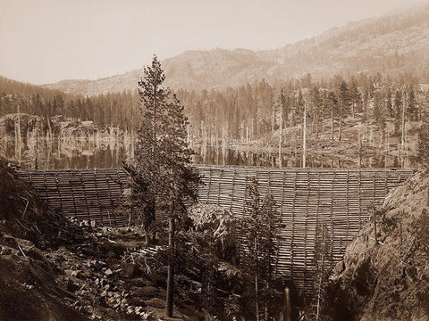 Dam and Lake, Nevada County, California, Near View, about 1871 White Modern Wood Framed Art Print with Double Matting by Watkins, Carleton