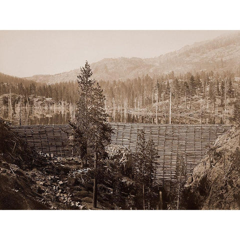 Dam and Lake, Nevada County, California, Near View, about 1871 White Modern Wood Framed Art Print by Watkins, Carleton