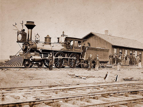 Wyoming Station, Engine 23 on Main Track, May 1868 White Modern Wood Framed Art Print with Double Matting by Russell, A.J.