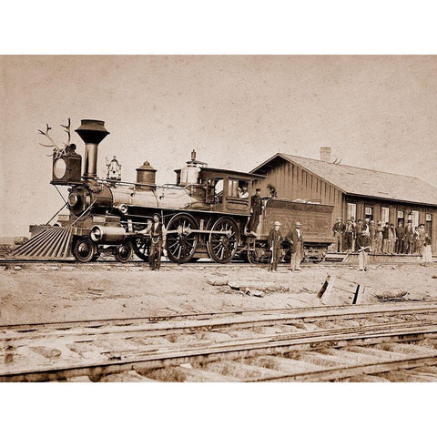 Wyoming Station, Engine 23 on Main Track, May 1868 White Modern Wood Framed Art Print by Russell, A.J.