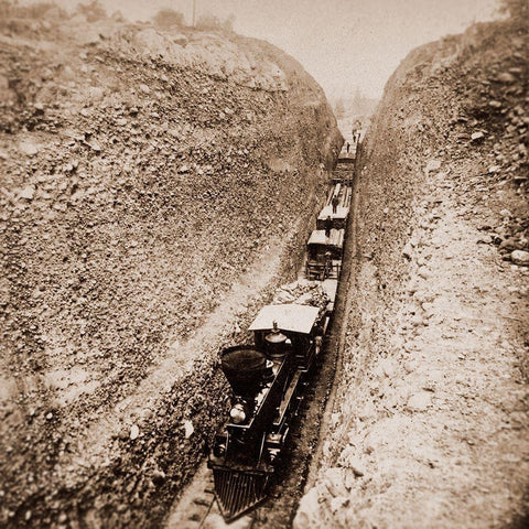 Bloomer Cut near Auburn, California, 800 feet long and 63 feet high, 1866-1869 White Modern Wood Framed Art Print with Double Matting by Hart, Alfred A.