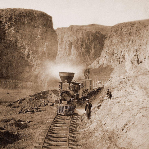 First Construction Train passing the Palisades, Ten Mile Canon, Nevada, 1866-1869 White Modern Wood Framed Art Print with Double Matting by Hart, Alfred A.