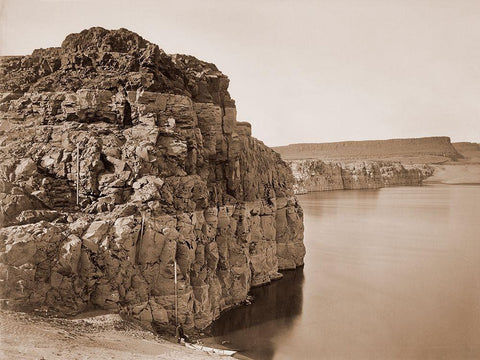 The Dalles, Extremes of High and Low Water, 92 ft./Head of the Dalles, Columbia River, Oregon, about White Modern Wood Framed Art Print with Double Matting by Watkins, Carleton