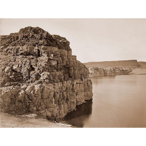 The Dalles, Extremes of High and Low Water, 92 ft./Head of the Dalles, Columbia River, Oregon, about Black Modern Wood Framed Art Print by Watkins, Carleton