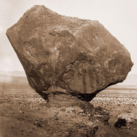 Perched Rock, Rocker Creek, Arizona, with sitting man, 1872 White Modern Wood Framed Art Print by Bell, William H.