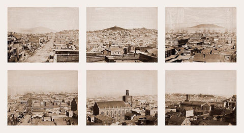 Six-part Panorama of San Francisco, 1855-1856 White Modern Wood Framed Art Print with Double Matting by Watkins, Carleton
