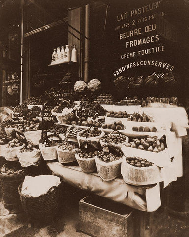 Rue Sainte-Opportune - Produce Display, rue Sainte-Opportune. Sepia Black Ornate Wood Framed Art Print with Double Matting by Atget, Eugene