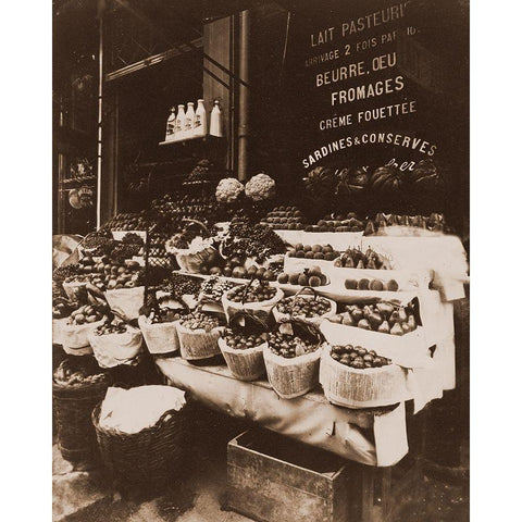 Rue Sainte-Opportune - Produce Display, rue Sainte-Opportune. Sepia White Modern Wood Framed Art Print by Atget, Eugene