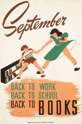 September - back to work - back to school - back to BOOKS White Modern Wood Framed Art Print with Double Matting by WPA