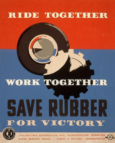 Ride together - work together - save rubber for victory Black Ornate Wood Framed Art Print with Double Matting by Ballinger, Harry-Russell