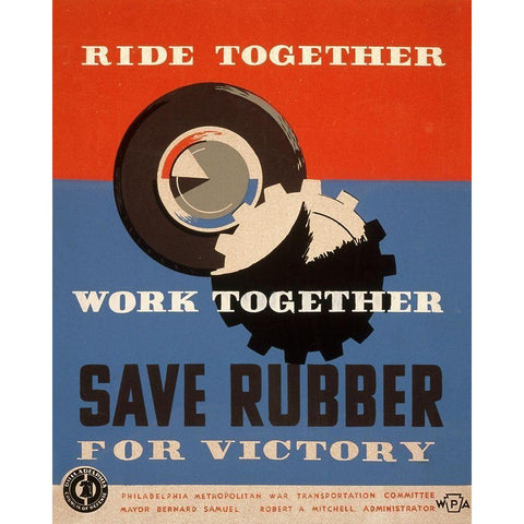 Ride together - work together - save rubber for victory Black Modern Wood Framed Art Print with Double Matting by Ballinger, Harry-Russell