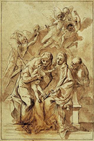 Holy Family with Saint Anne (recto); Figure Sketches (verso) White Modern Wood Framed Art Print with Double Matting by Testa, Pietro