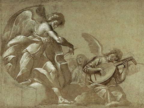 Angel Musicians (recto); Head Studies (verso) White Modern Wood Framed Art Print with Double Matting by Morazzone (Pie Francesco Mazzuchelli)