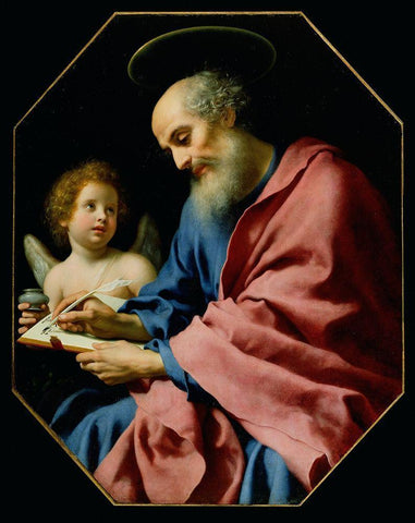 St. Matthew Writing His Gospel White Modern Wood Framed Art Print with Double Matting by Dolci, Carlo