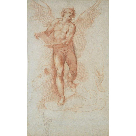 An Angel Holding a Book (recto); Three Studies of a Falling Male Figure (verso) Gold Ornate Wood Framed Art Print with Double Matting by Roncalli, Cristoforo