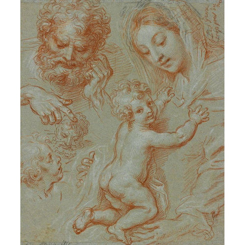 Studies of the Madonna and Child and of Heads (recto); Madonna and Child with Saint John Seated in a Gold Ornate Wood Framed Art Print with Double Matting by Corneille, Michel