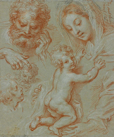 Studies of the Madonna and Child and of Heads (recto); Madonna and Child with Saint John Seated in a White Modern Wood Framed Art Print with Double Matting by Corneille, Michel