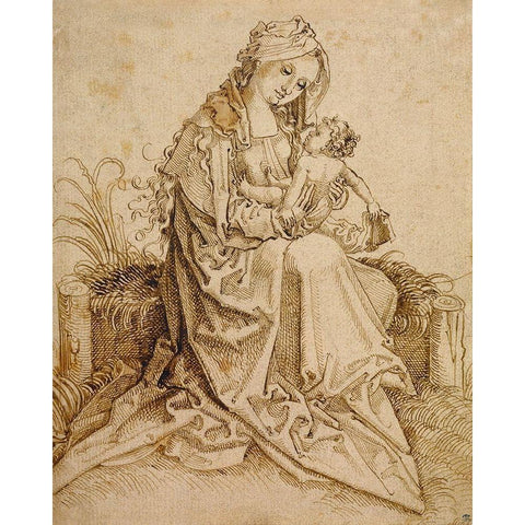 The Virgin and Child on a Grassy Bench Gold Ornate Wood Framed Art Print with Double Matting by Unknown